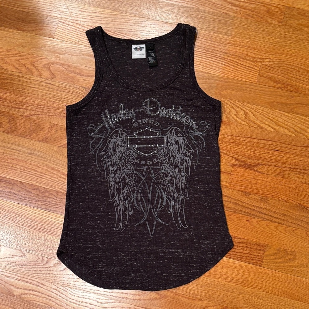 NWOT. Harley-Davidson Dark Gray Graphic Tank Top with Beaded Accents